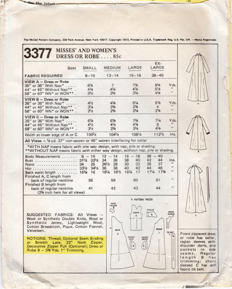 1970's McCall's Zip Front Robe or Dress pattern with Raglan Sleeve  - Bust 34-36" - No. 3377