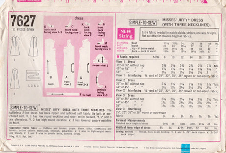 1960's Simplicity Jiffy Dress Pattern - Bust 38" - No. 7627