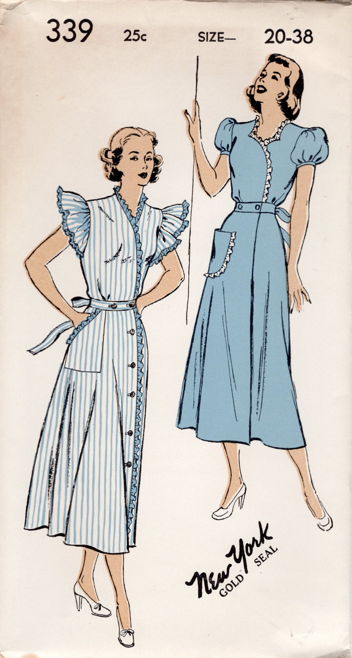 1940's New York Dress Pattern with Optional Sweetheart Neckline, Puff Sleeves or Ruffle Sleeves - Bust 30-38" - No. 339