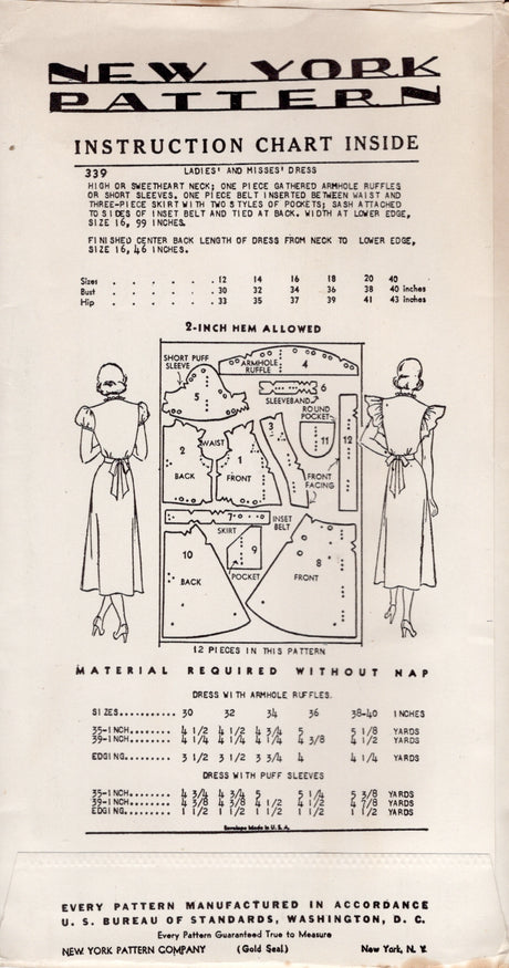 1940's New York Dress Pattern with Optional Sweetheart Neckline, Puff Sleeves or Ruffle Sleeves - Bust 30-38" - No. 339