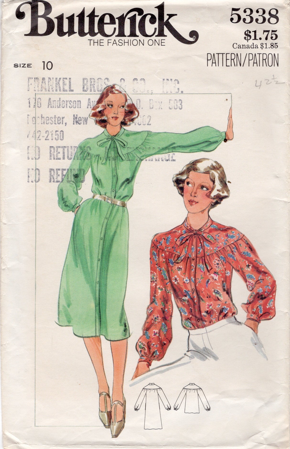 1970's Butterick Button Up Blouse or Dress Pattern - Bust 32.5" - No. 5338