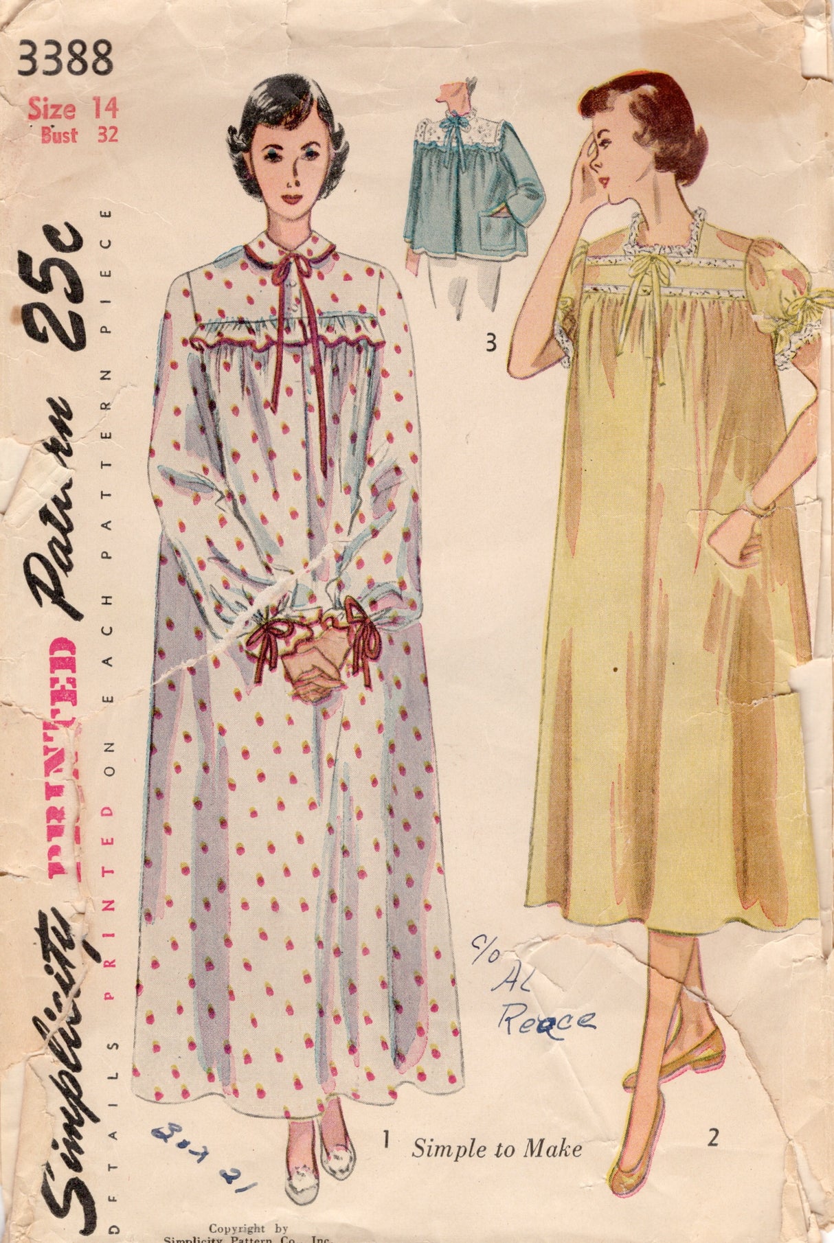 1950’s Simplicity Yoked Nightgown in Two Lengths or Bed Jacket Pattern - Bust 32" - No. 3388