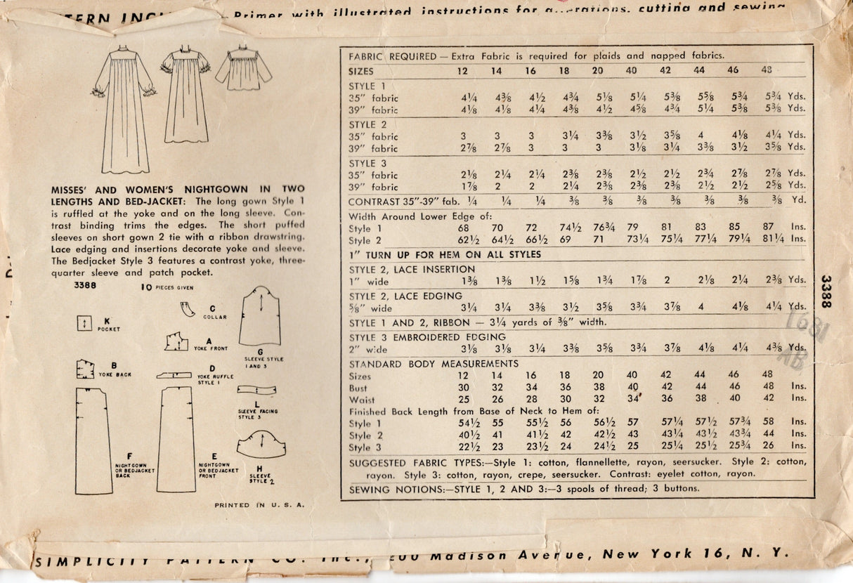 1950’s Simplicity Yoked Nightgown in Two Lengths or Bed Jacket Pattern - Bust 32" - No. 3388