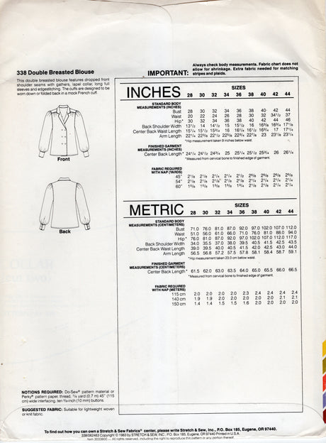 1980's Stretch & Sew Double Breasted Blouse pattern - Bust 28-44" - No. 338