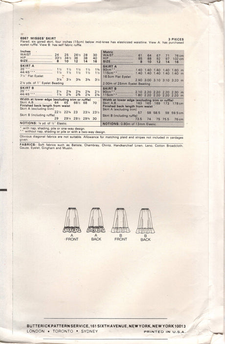 1980's Butterick Gathered Skirt Pattern with ruffle - Waist 25" - No. 6967