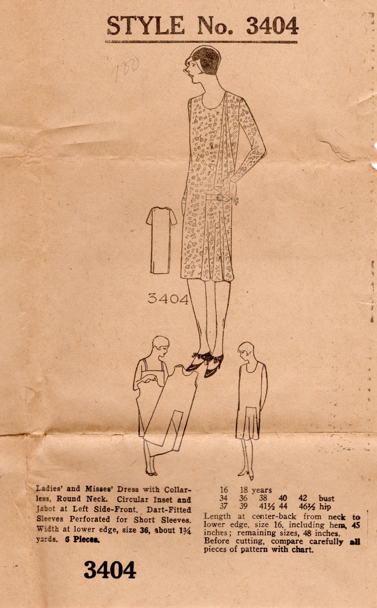 1920's Mail Order One Piece Dress with Accent Shoulder Drape and Skirt Insert Pattern - Bust 36" - No. 3404