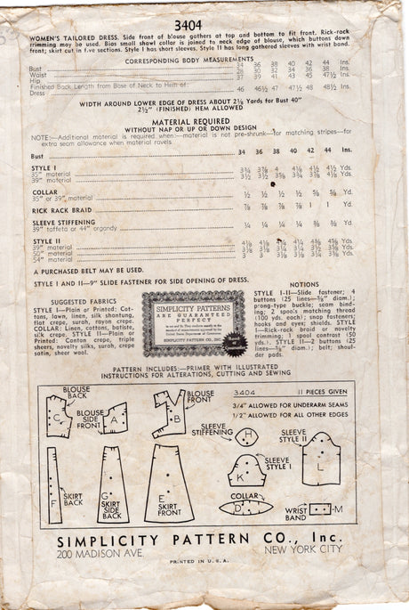 1940’s Simplicity Shirtwaist Dress with Gathered Bodice Panels Pattern - Bust 38” - No. 3404