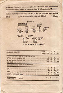 1940's Advance Child's Pinafore Dress pattern - Chest 21" - No. 3410