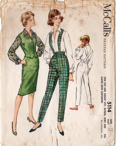 1950's McCall's Button-up Blouse, Vest, Suspendered Cigarette Pants and Straight Skirt- Bust 30