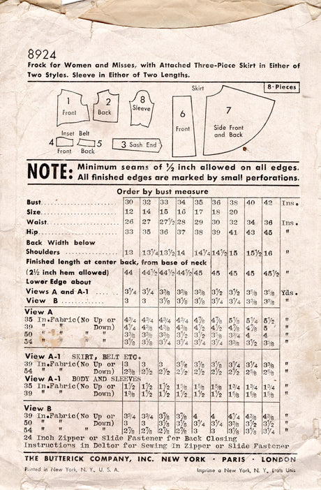 1940’s Butterick One Piece Dress Pattern with Shirred Shoulders and Fitted Waist - Bust 32” - No. 8924