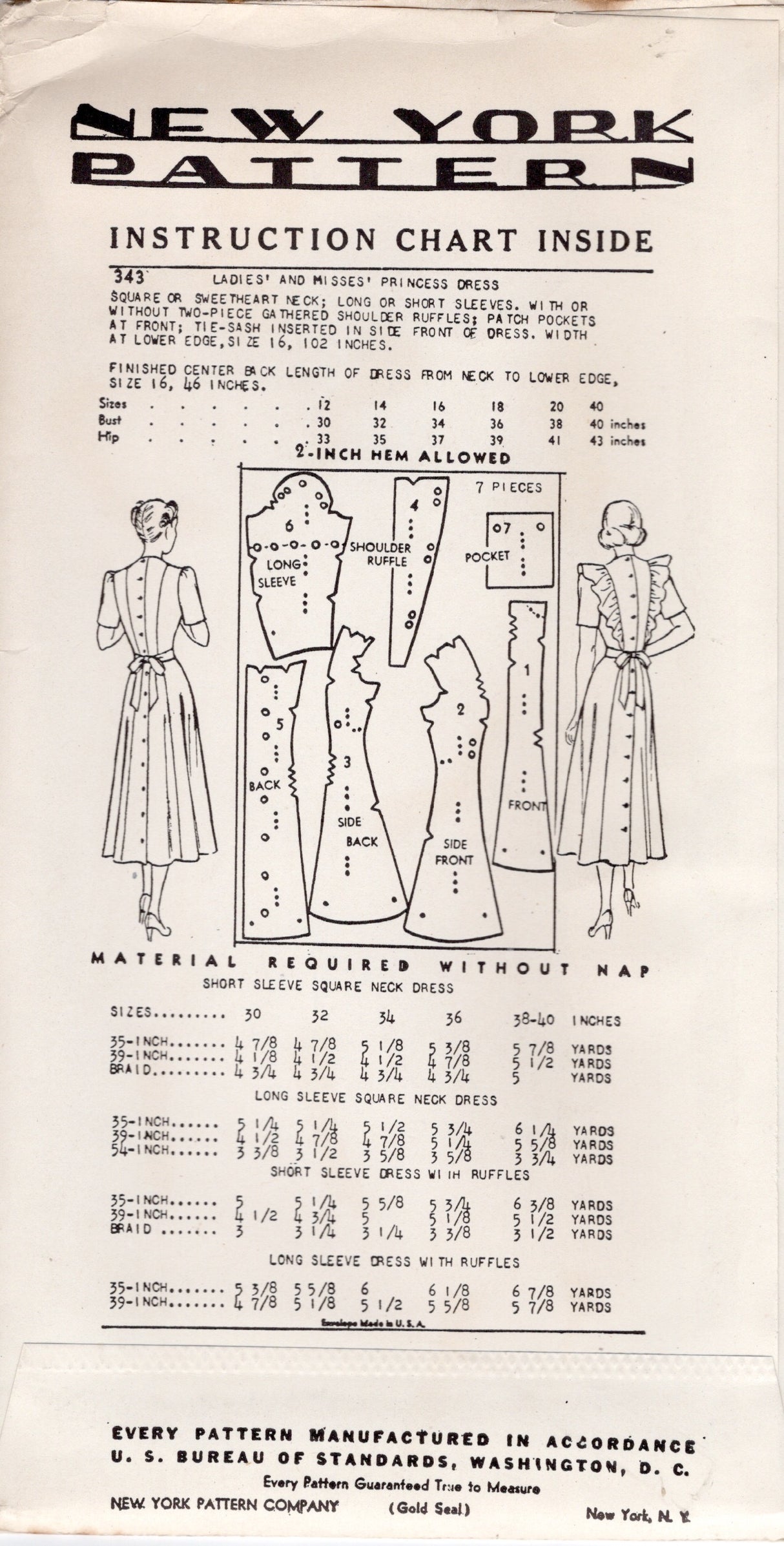 1940's New York Princess Line Dress Pattern with optional shoulder ruffles - Bust 32-34" - No. 343