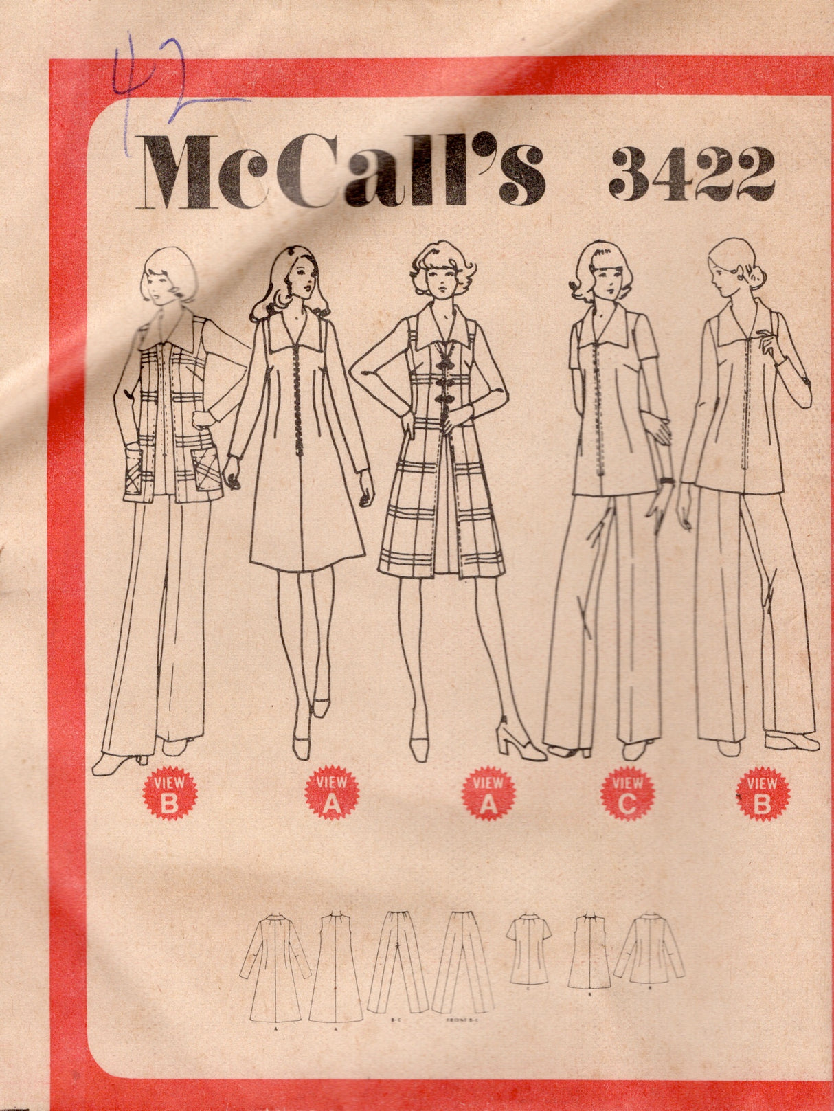 1970's McCall's Dress, Tunic, Vest and Pants pattern  - Bust 46" - No. 3422