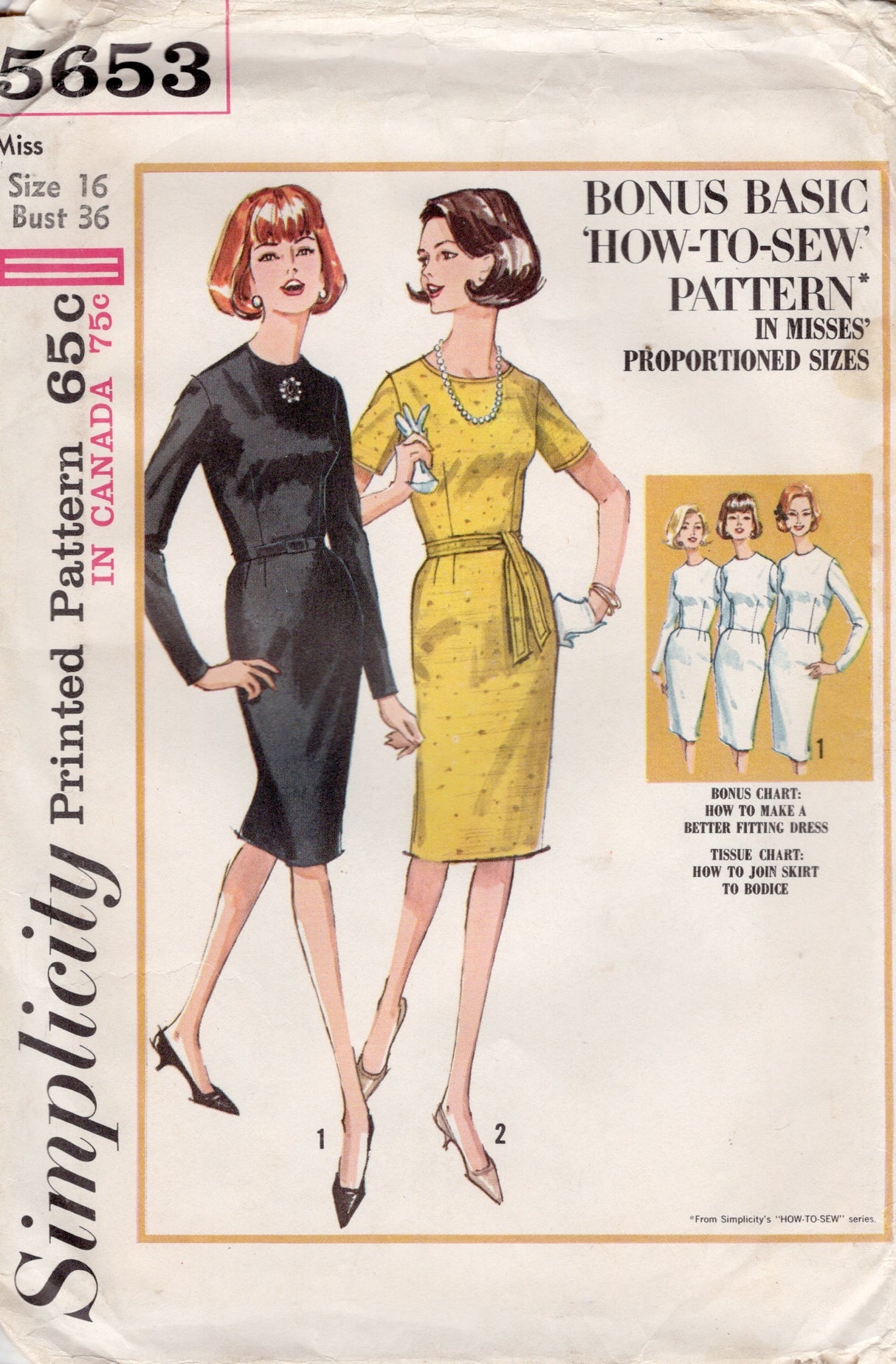 1960's Simplicity Basic Sheath Dress Pattern - Bust 36" - No. 5653