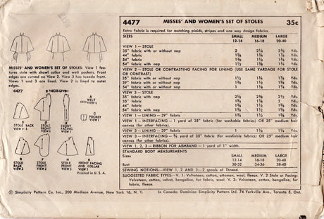 1950's Simplicity Set of Stoles Pattern - Bust 34-36" - No. 4477