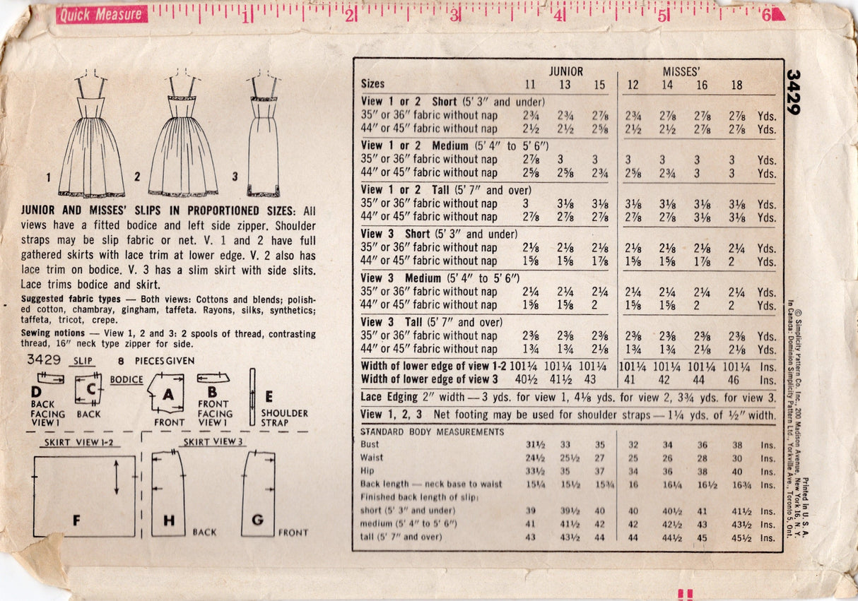 1960's Simplicity Slips in Proportioned Sizing Pattern - Bust 36" - No. 3429