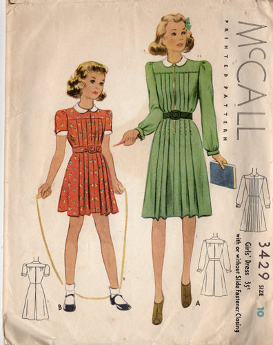 1930's McCall Child's One Piece Zip Front Dress with Pleated Front - Size 10 - Chest 28