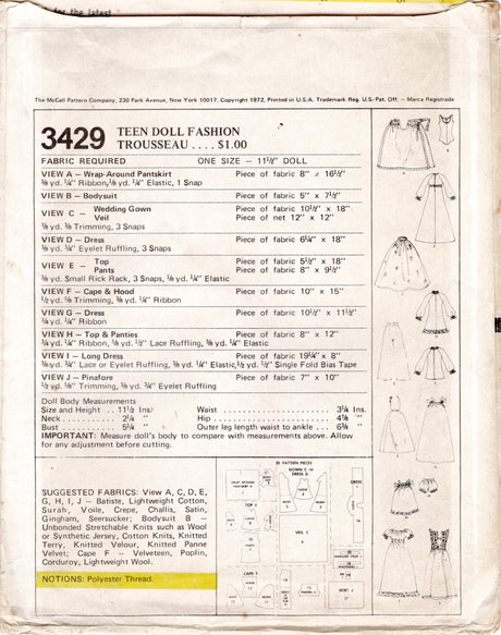 1970's McCall's Cape, Bodysuit, Peasant Dress, Wedding Dress and Pinafore Dress Doll Clothes pattern - 11.5" doll - No. 3429