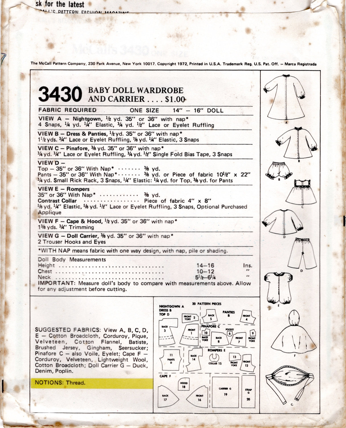 1970's McCall's Baby Doll Wardrobe and Carrier pattern - 14-16" doll - No. 3430