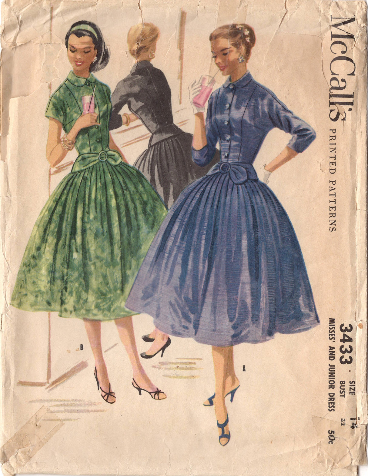 1950's McCall's One Piece Dress Pattern with Drop Neck and Low Belt - Bust 32" - No. 3433