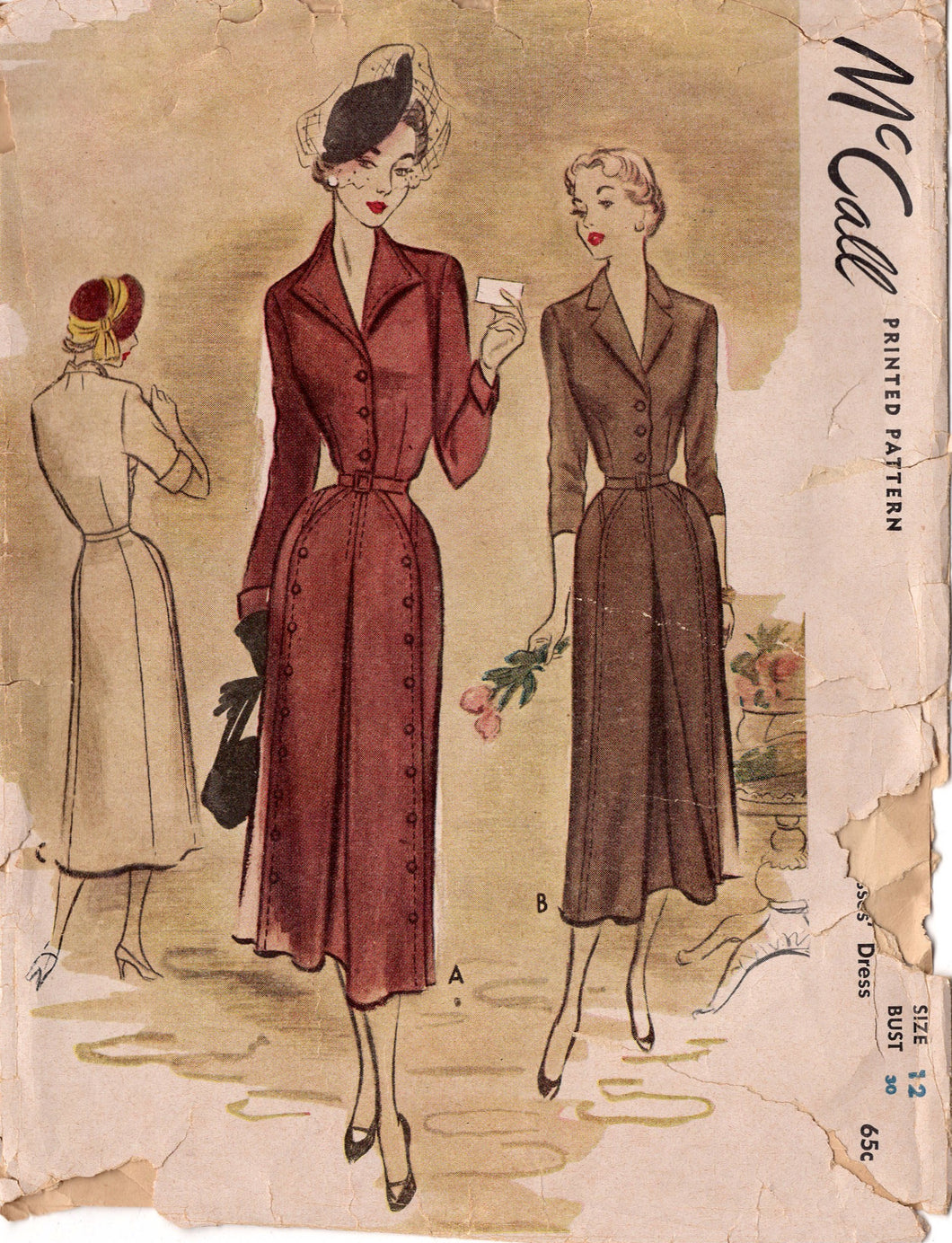 1940's McCall Shirtwaist Sheath Dress with Button Accent Front - Bust 30