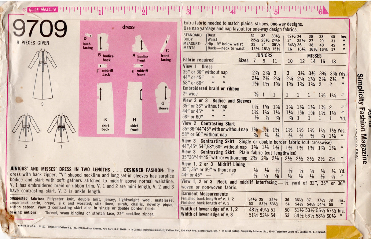 1970's Simplicity Surplice Bodice Dress pattern - Bust 36" - No. 9709