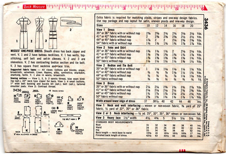 1960's Simplicity Misses' One-Piece Sheath Dress - Bust 32 - No. 3436