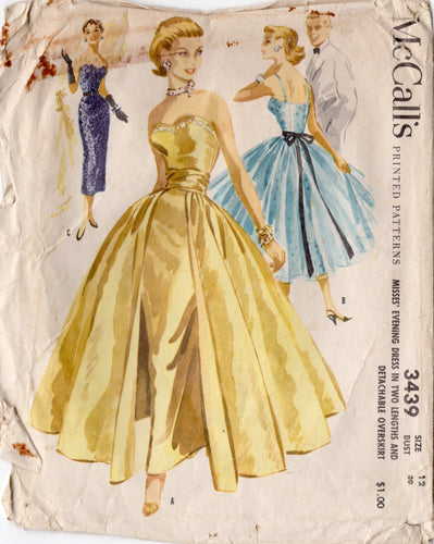 1950's McCall's Strapless Sheath Evening Dress with Large Overskirt and Sash - Bust 30