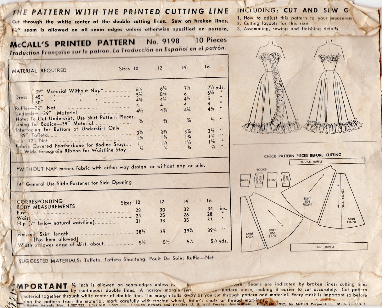 1950's McCall's Strapless Surplice Bodice Evening Dress Pattern - Bust 32" - No. 9198