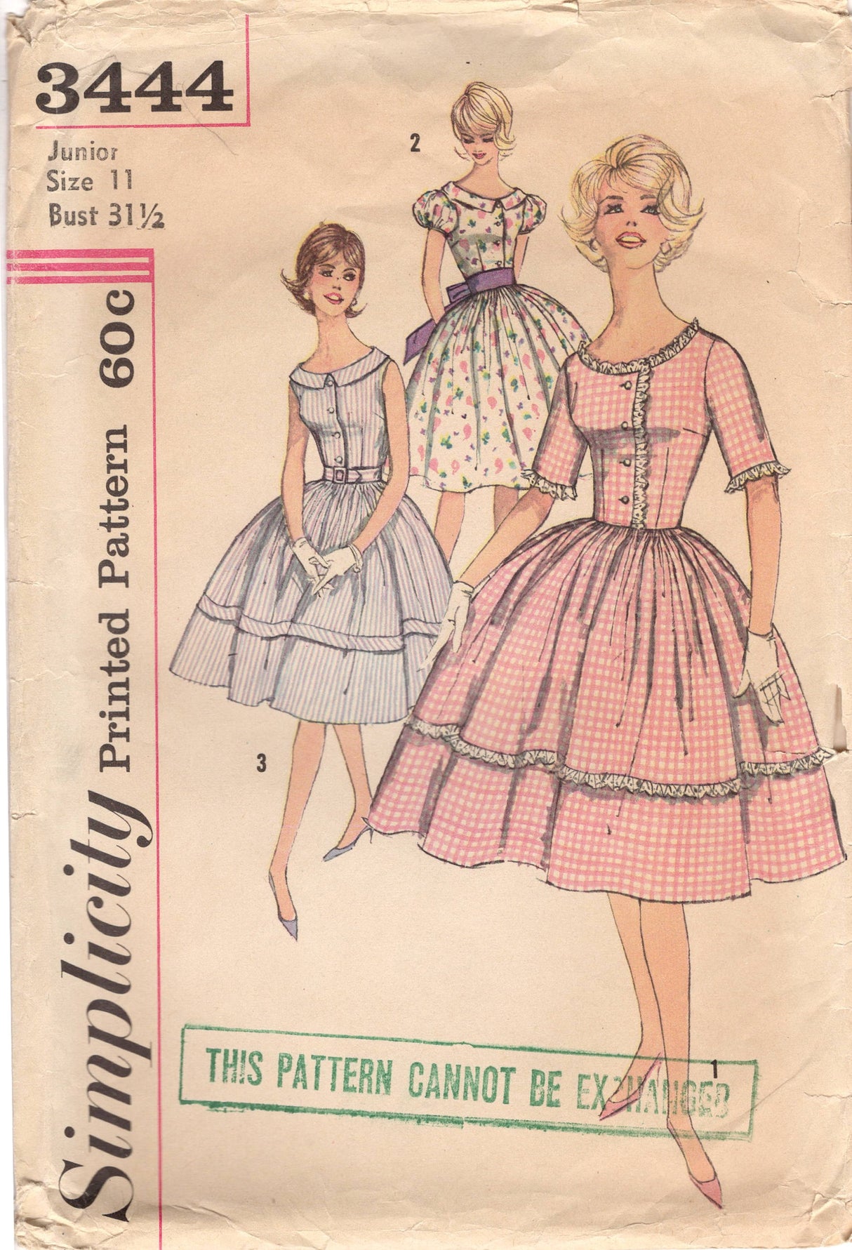 1960's Simplicity Button Up Shirtwaist Dress pattern with Boat Neck and Collar - Bust 31.5" - No. 3444