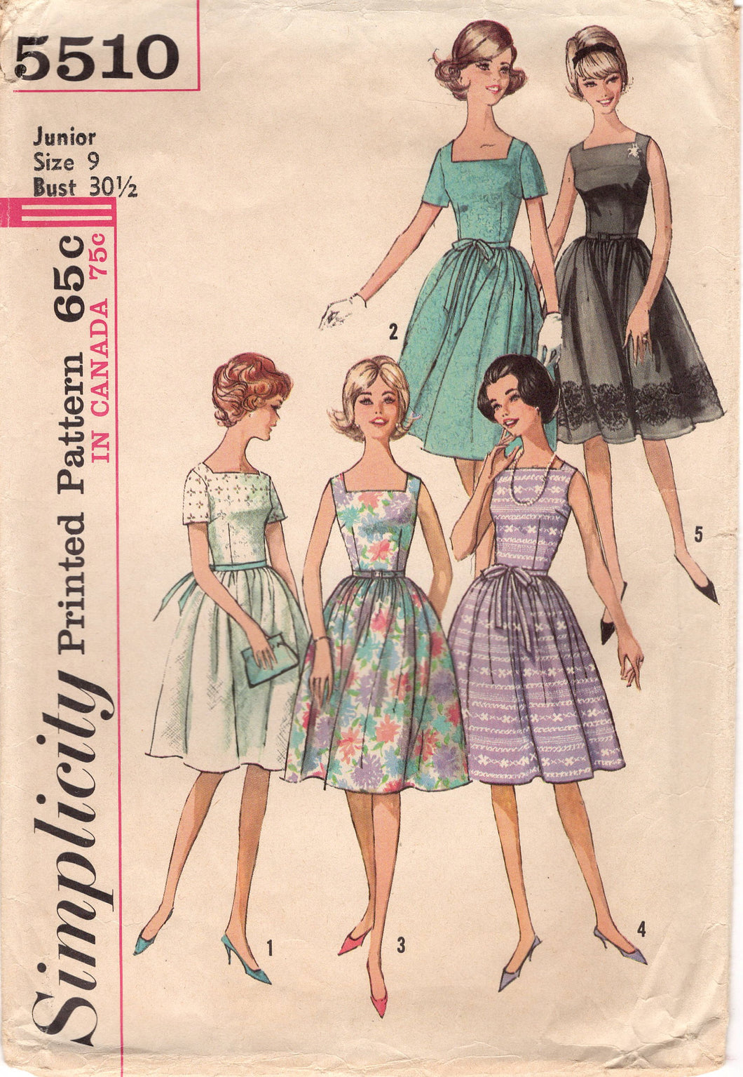 1960's Simplicity Square Neckline Fit and Flare Dress pattern - Bust 30.5