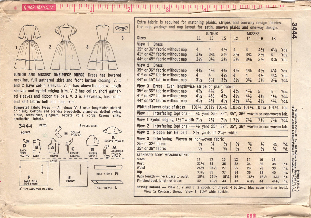 1960's Simplicity Button Up Shirtwaist Dress pattern with Boat Neck and Collar - Bust 31.5" - No. 3444