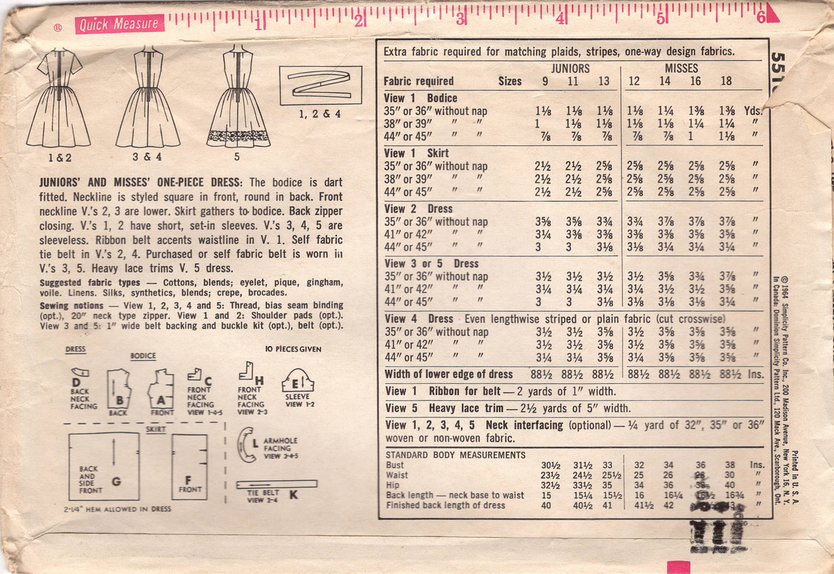 1960's Simplicity Square Neckline Fit and Flare Dress pattern - Bust 30.5" - No. 5510