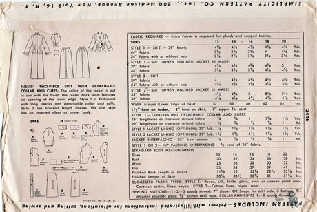 1950’s Simplicity Two Piece Suit Dress Pattern with Nipped Waist and Detachable Collar and Cuffs - Bust 32" - No. 3446