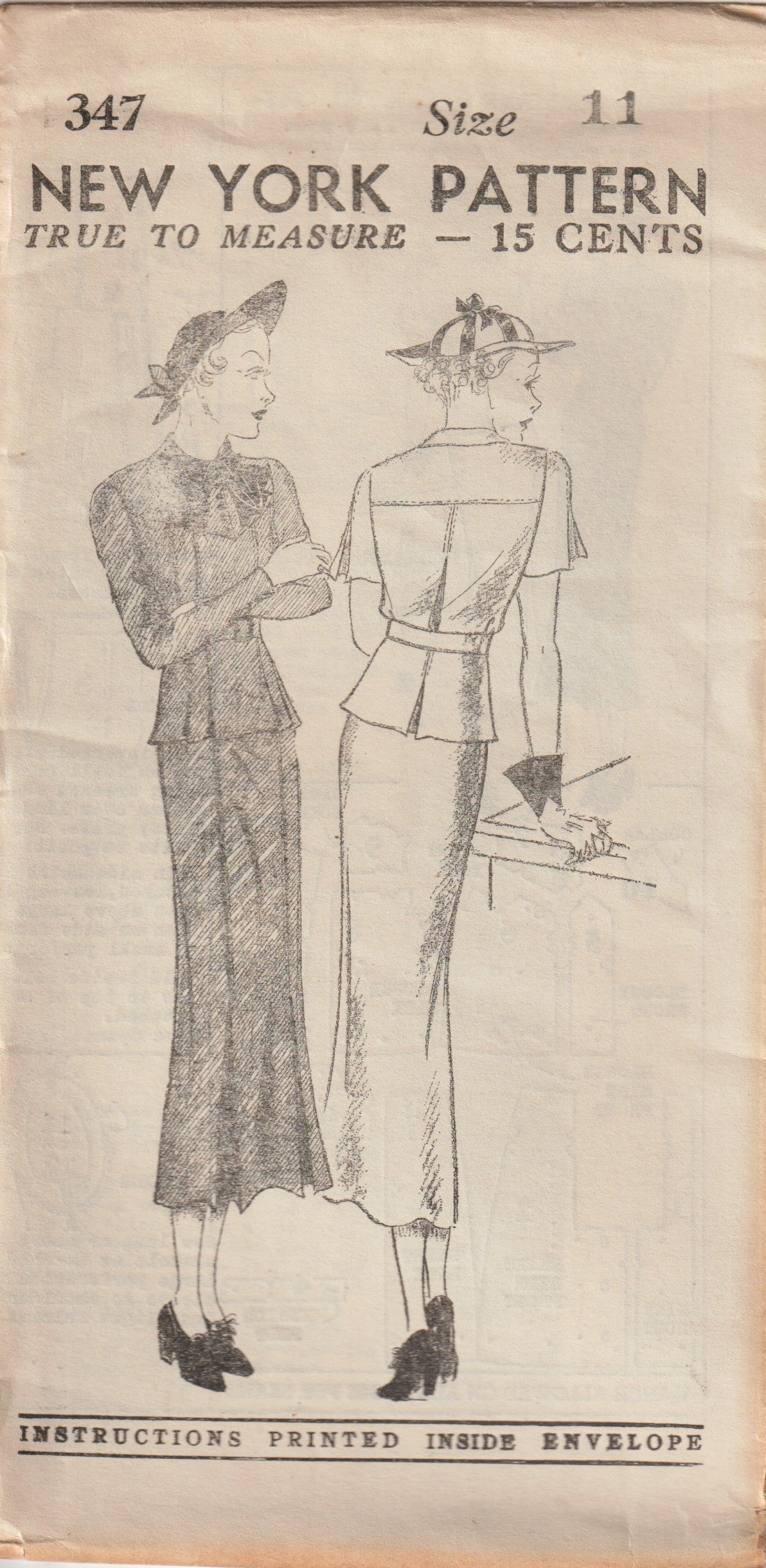 1930's New York Yoked Blouse and Slim Skirt Pattern - Bust 29" - No. 347
