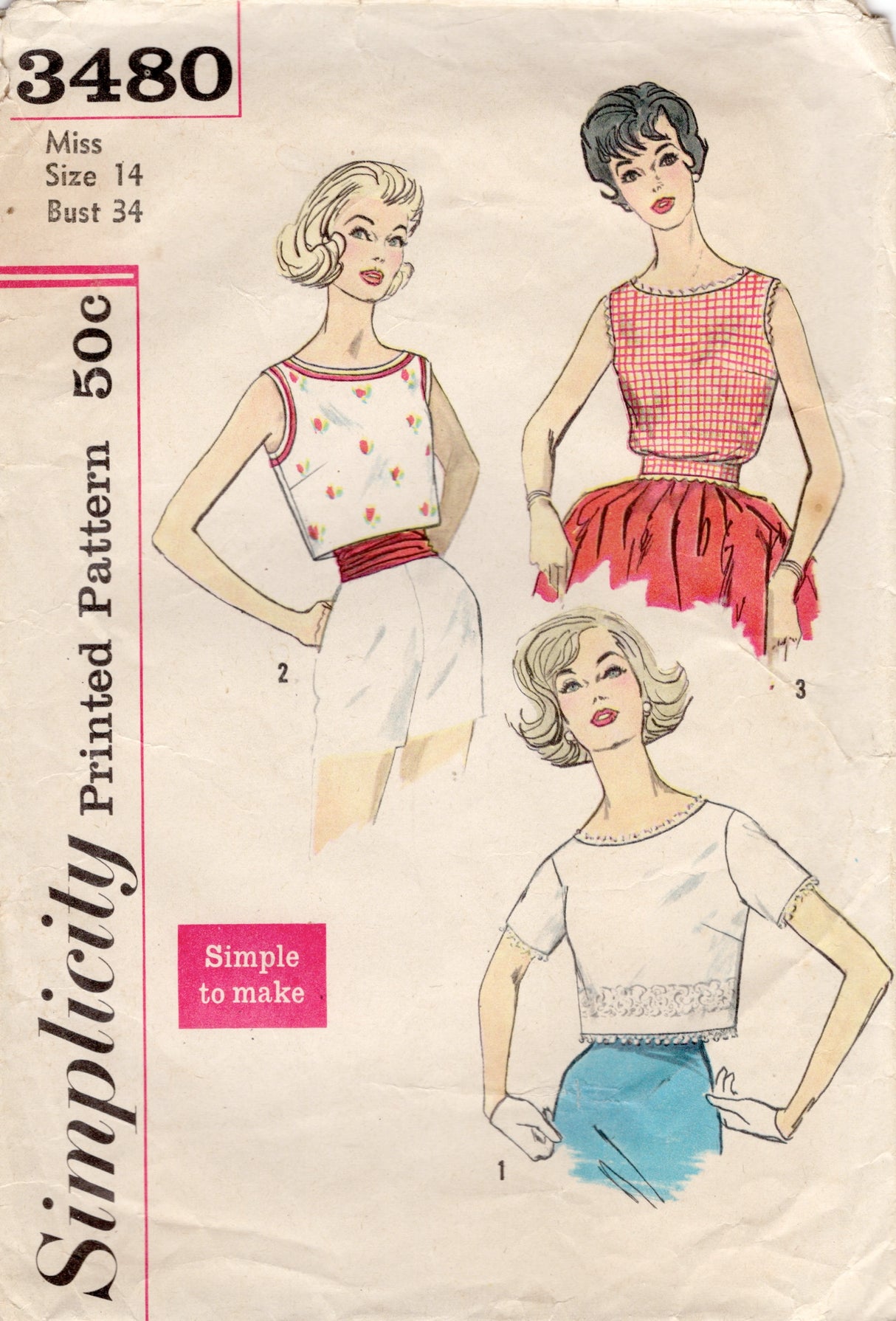 1960’s Simplicity Crop Tops and Blouses Pattern - Bust 34" - No. 3480