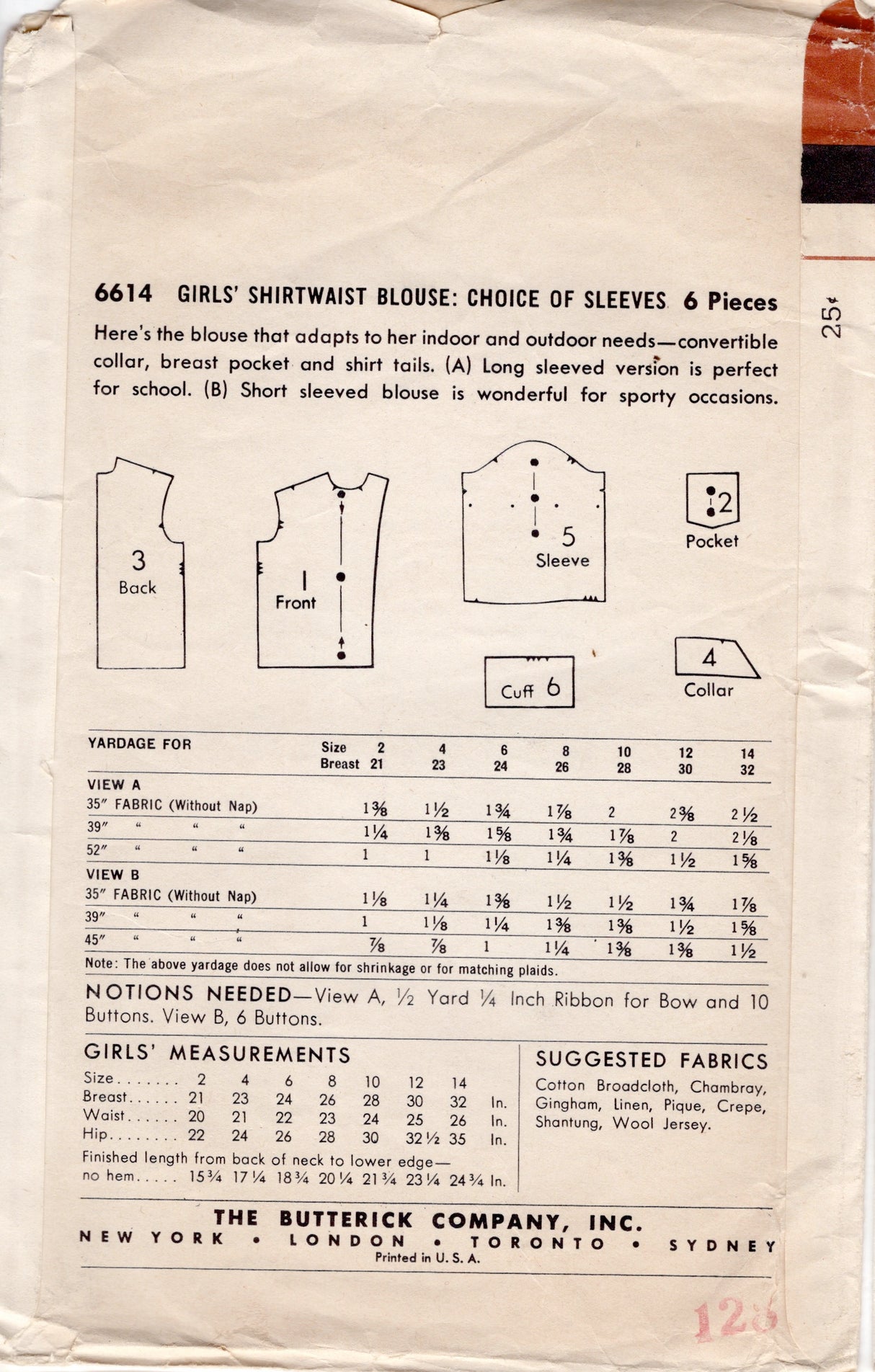 1950's Butterick Child's Button Up Shirt Pattern - Chest 26" - No. 6614