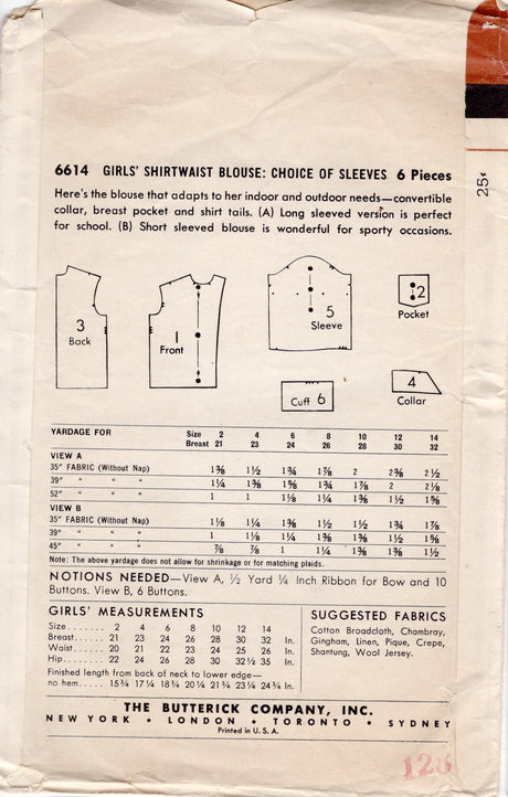 1950's Butterick Child's Button Up Shirt Pattern - Chest 26" - No. 6614