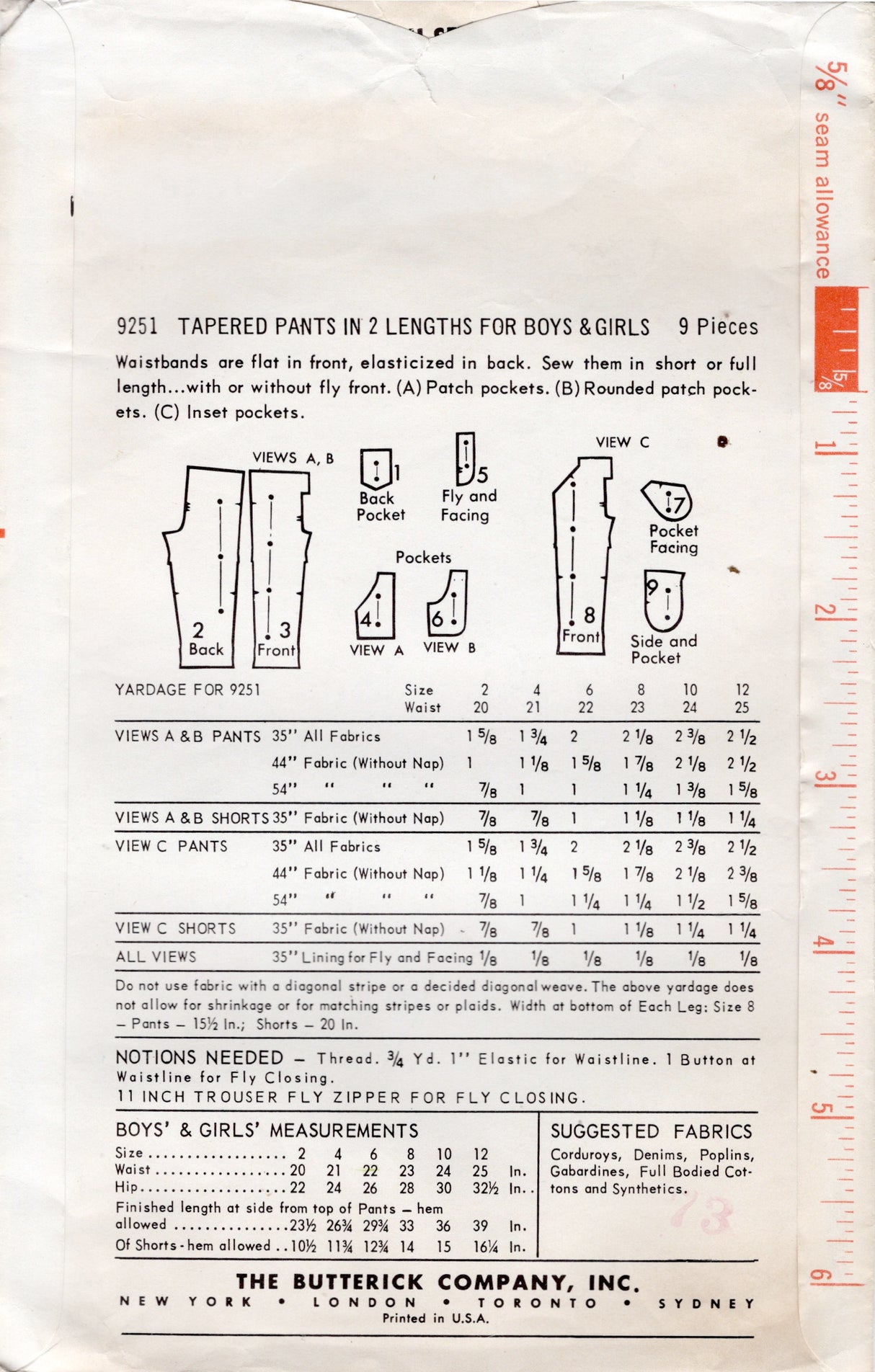 1960's Butterick Child's Pants or Shorts Pattern - Waist 22" - No. 9251