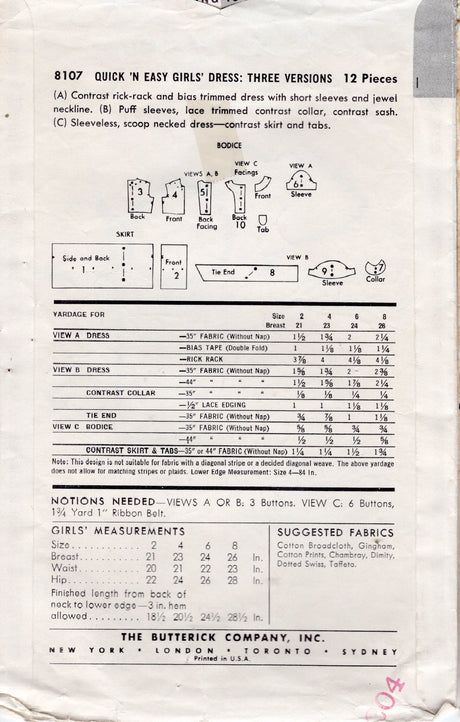 1950's Butterick Child's Fit and Flare Dress Pattern - Chest 24" - No. 8107