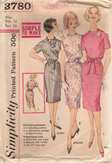 1960's Simplicity One-Piece Sheath Dress Pattern with Proportioned fit - Bust 34"  - no. 3780