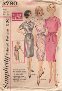 1960's Simplicity One-Piece Sheath Dress Pattern with Proportioned fit - Bust 34"  - no. 3780
