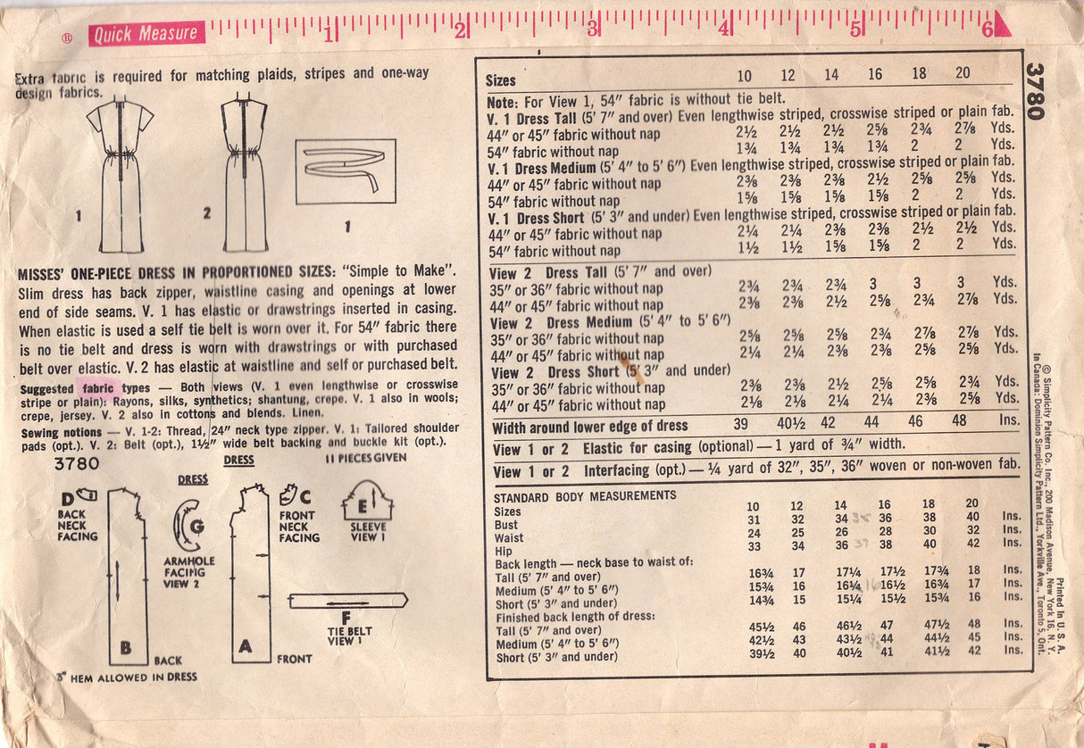 1960's Simplicity One-Piece Sheath Dress Pattern with Proportioned fit - Bust 34"  - no. 3780