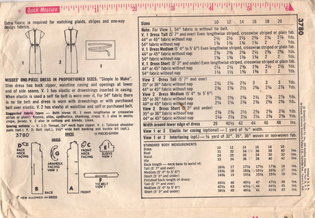 1960's Simplicity One-Piece Sheath Dress Pattern with Proportioned fit - Bust 34"  - no. 3780