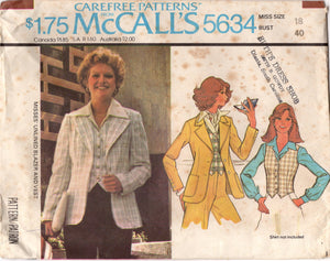 1970's McCall's Button Up Vest and Unlined Blazer pattern - Bust 40" - No. 5634