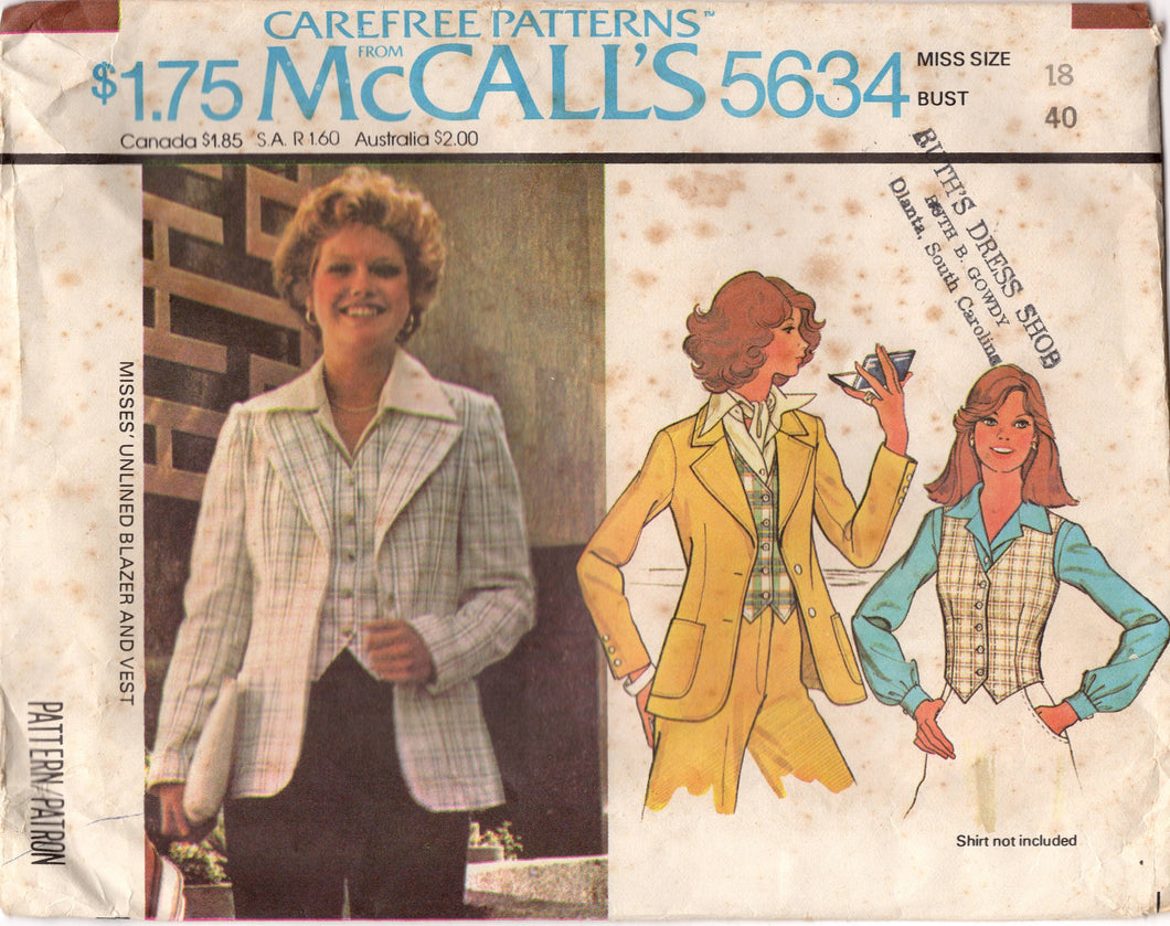 1970's McCall's Button Up Vest and Unlined Blazer pattern - Bust 40