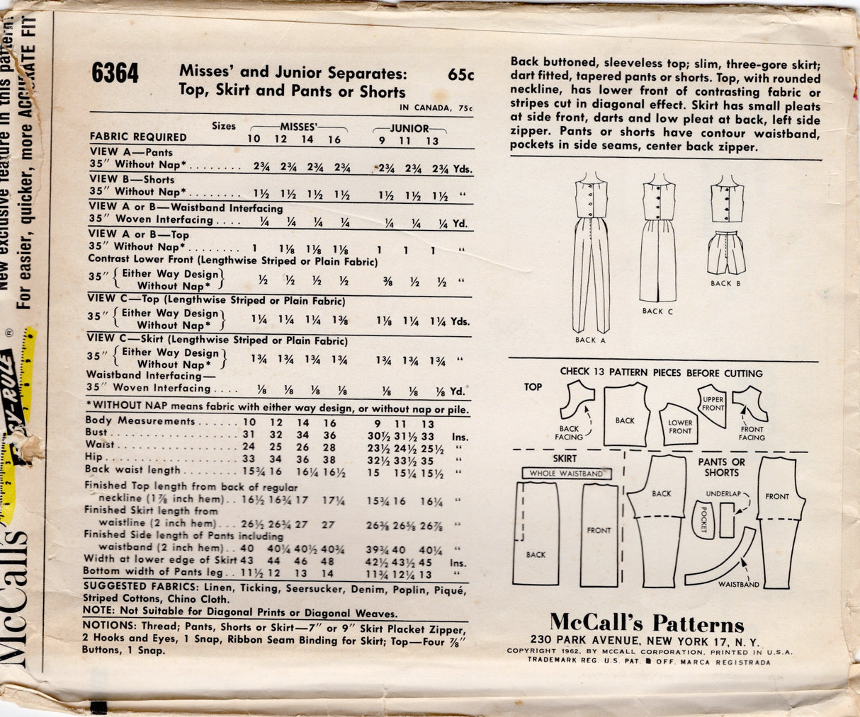 1960's McCall's Separates with Yoked Top, Skirt, Shorts and Pants Pattern - Bust 33" - no. 6364