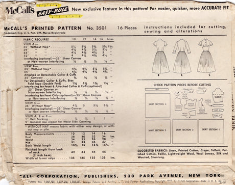 1950's McCall's Shirtwaist Dress with Fitted Midriff and Full Skirt - Bust 30" - No. 3501