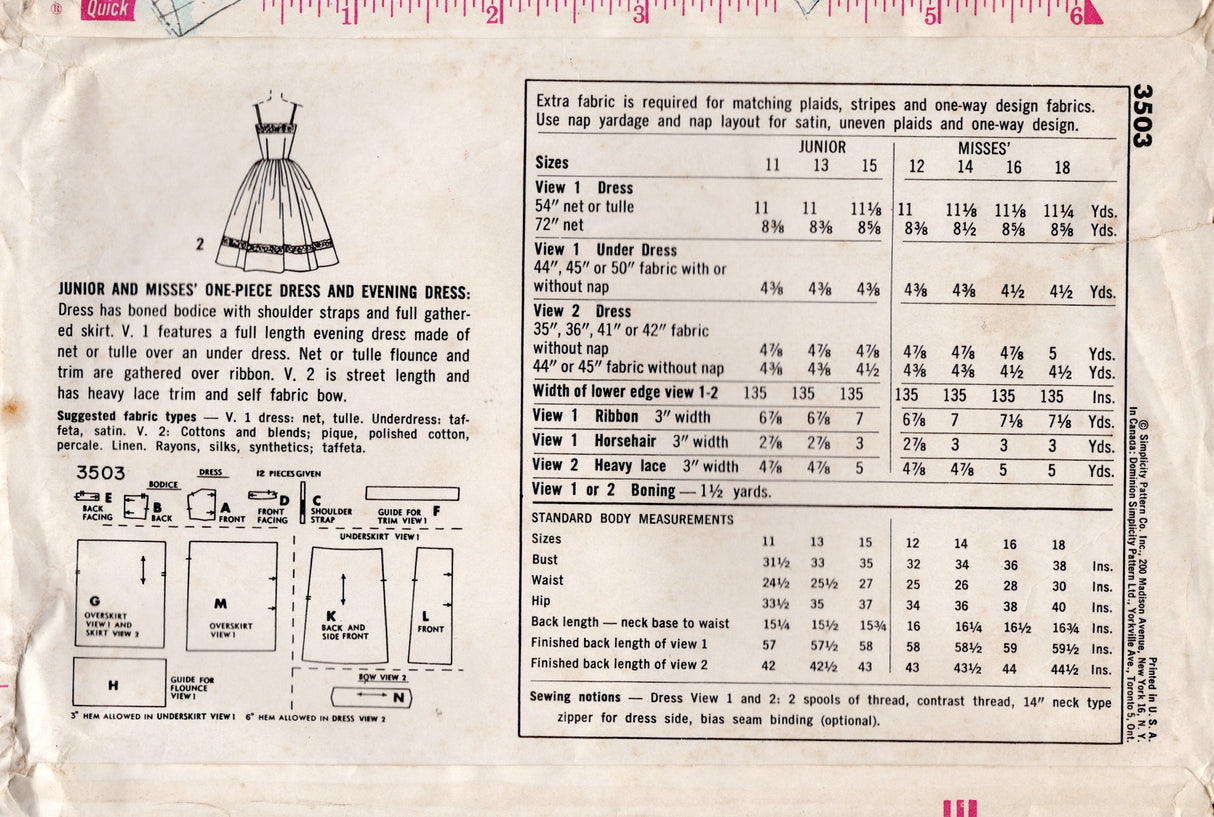 1960's Simplicity Homecoming or Prom Dress Pattern with Large Skirt and Gathered Bodice - Bust 32" - No. 3503