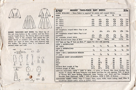 1950's Simplicity Two Piece Suit Dress pattern - Bust 34" - No. 3787