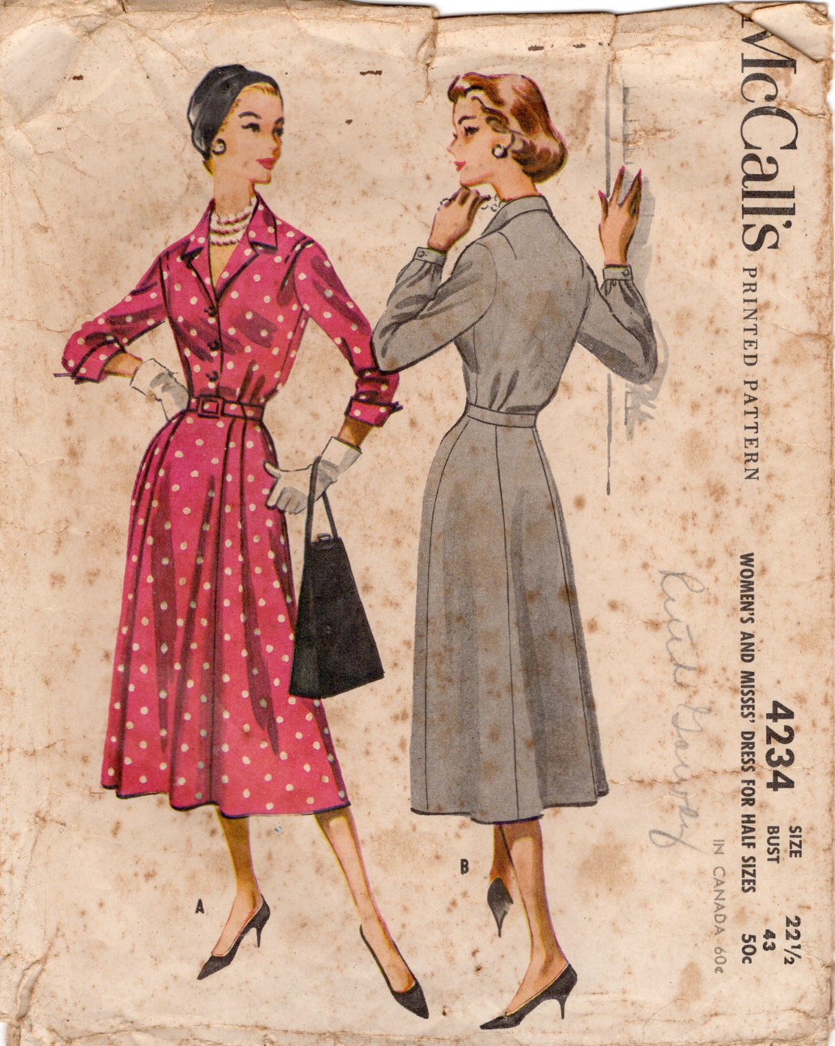 1950's McCall's Shirtwaist Dress Pattern with Tucked Shoulders and 3 Sleeve lengths - Bust 43" - No. 4234
